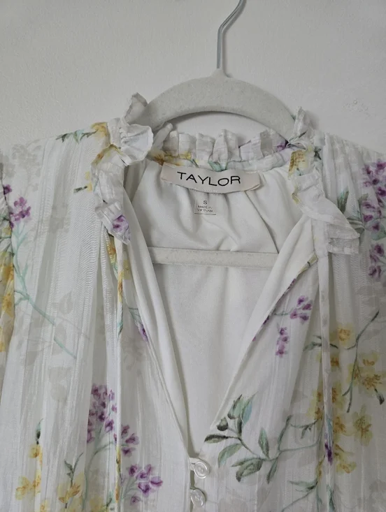 TAYLOR size Small Ivory Floral Spring Long Sleeves Unlined Dress - Picture 3 of 9